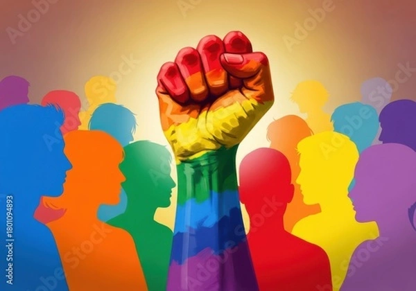 Fototapeta Raised fist in rainbow colors with crowd silhouettes in the background