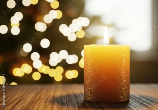 Fototapeta A glowing yellow candle on a wooden surface with blurred lights behind it
