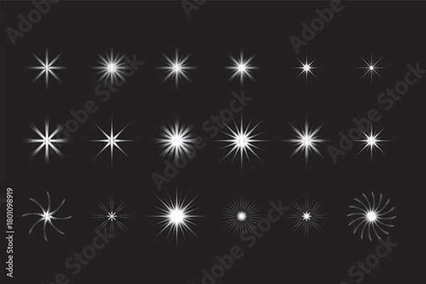 Fototapeta Collection of diverse white light starburst, lens flare, sparkle, and glow effects.