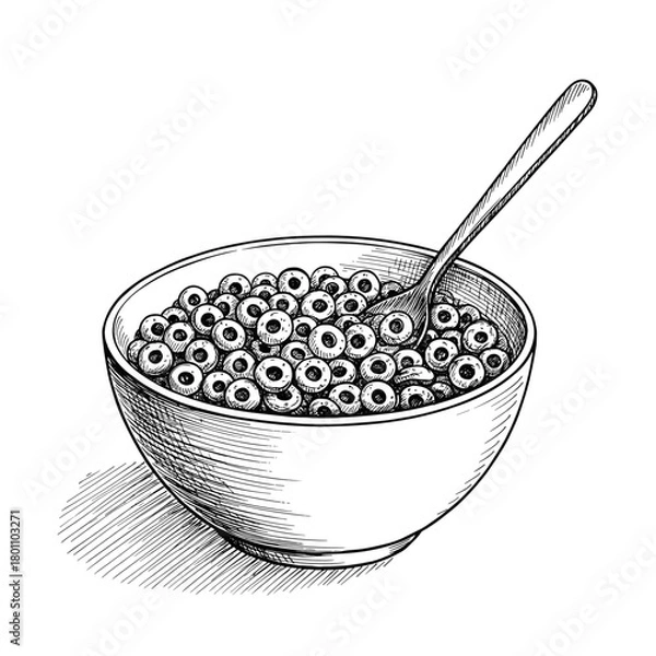 Fototapeta Bowl of cereal with rings and spoon in detailed sketch style  