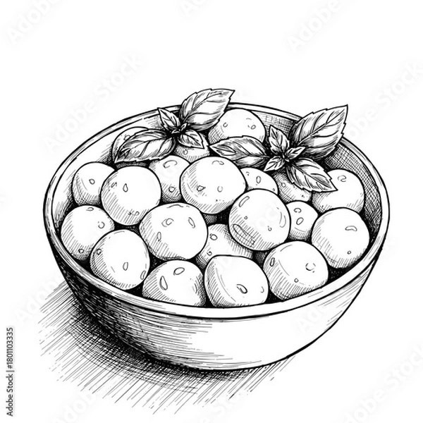 Fototapeta Bowl of mozzarella balls with basil leaves in sketch style  