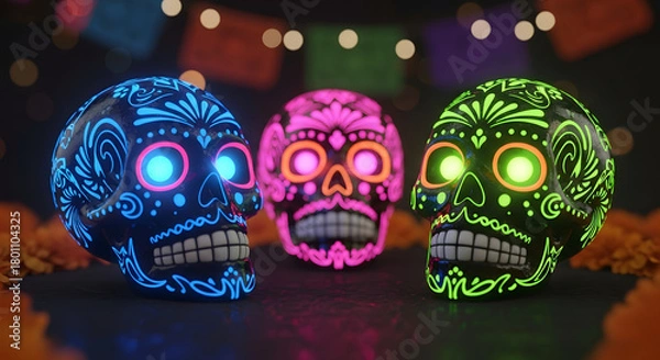 Fototapeta Colorful decorative skulls on display for Dia de los Muertos celebration  