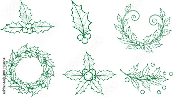 Obraz Set of holly sprig sketched out for festive design element. Decoration element for holiday design. Decoration for winter. Green sketch isolated.