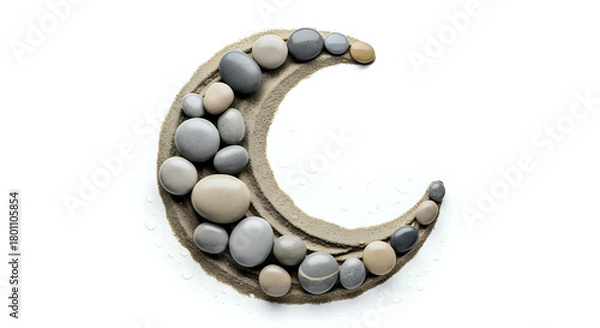 Fototapeta Crescent moon shape formed with smooth stones and sand on a white background in a studio shot