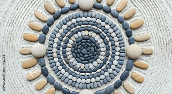 Fototapeta A circular pattern made of pebbles in shades of gray and white on a textured white background art piece
