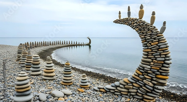 Fototapeta Stone balancing art along the shoreline with stacked rocks and a rock bridge over the ocean water