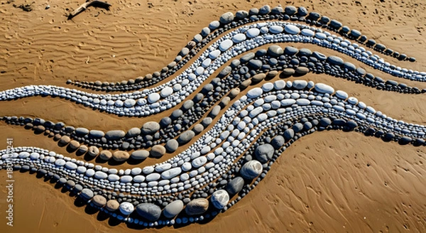 Fototapeta Aerial view of pebble art on sand forming wave like patterns on a beach with a piece of driftwood