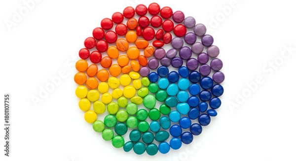 Fototapeta Circular arrangement of colorful candies in rainbow order on a white background studio shot