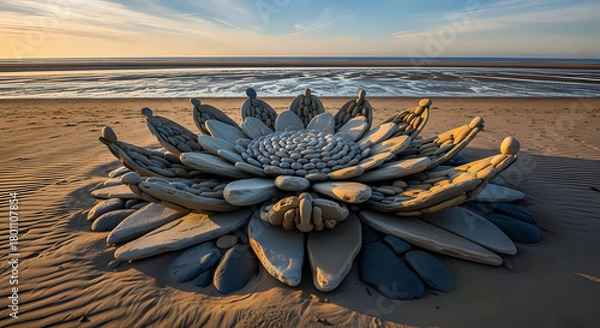 Fototapeta Stone flower sculpture on sandy beach at sunset with ocean and sky in the background view landscape