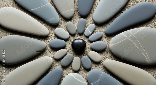 Fototapeta Arrangement of smooth gray stones in a circular pattern with a black sphere in the center on sand