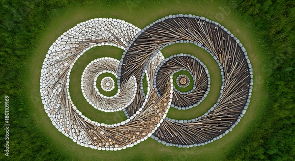 Fototapeta Aerial view of a yin yang spiral pattern made of rocks and sticks in a green grassy field outdoors
