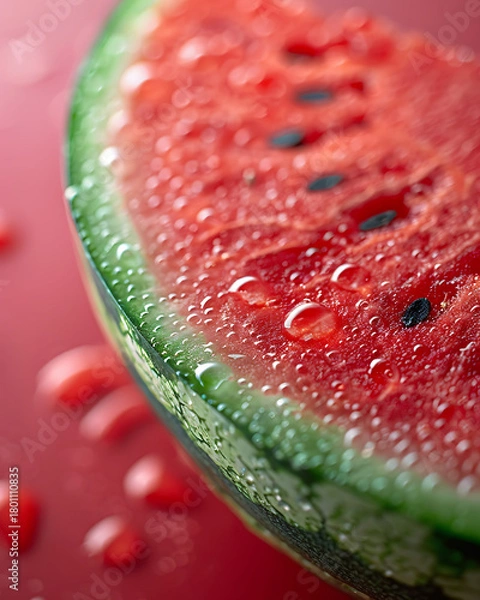 Fototapeta Close up of a refreshing slice of watermelon covered in water droplets on a pink background