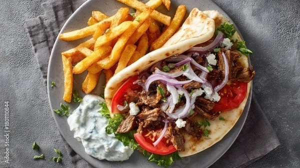 Fototapeta Top-down view of an Authentic Greek Gyro Wrap on a clean plate, pita filled with seasoned ground beef and lamb