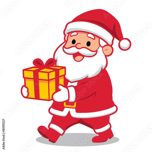 Obraz A santa claus holding a gift with a santa hat on it