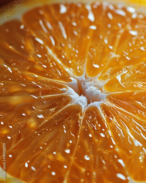 Fototapeta Extreme close up macro shot of a juicy orange slice covered in refreshing water droplets