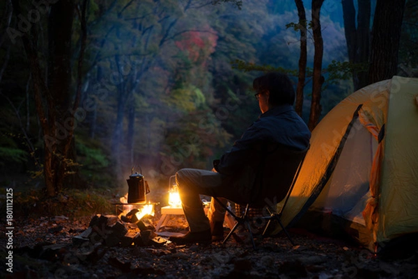Obraz 夕暮れのソロキャンプ を楽しむ男性