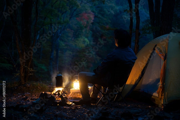 Obraz 夕暮れのソロキャンプ を楽しむ男性