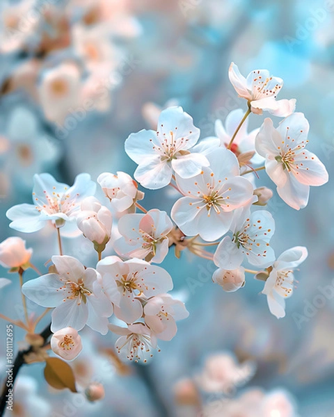 Fototapeta Delicate pale pink and white cherry blossoms bloom on a branch with a soft blue background