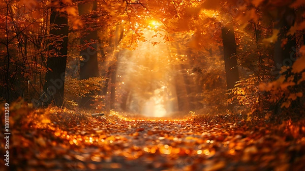 Fototapeta Magical golden light beams illuminate a mystical forest floor covered in autumn leaves