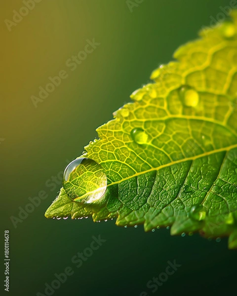 Fototapeta Close up of a vibrant green leaf with glistening water droplets after a refreshing rain