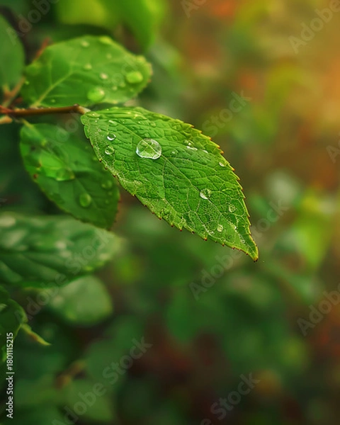 Fototapeta Close up of lush green leaves with fresh water droplets after rain in nature