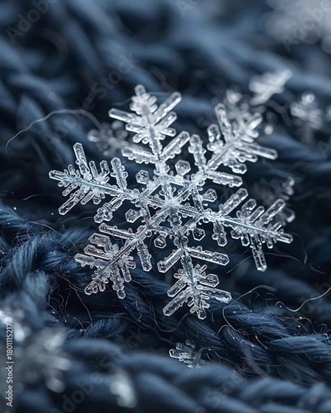 Fototapeta Macro photograph of a delicate ice crystal snowflake resting on a dark textured surface