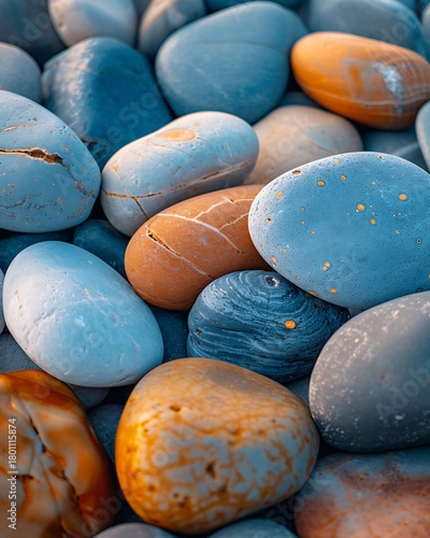 Fototapeta Close up of smooth rounded pebbles in various natural colors and textures on a beach