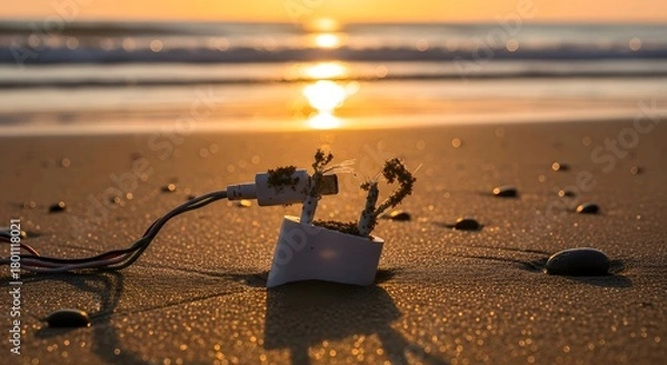 Obraz A small electronic device with wires lying on a sandy beach during sunset, creating a peaceful and serene atmosphere with warm lighting and calm waves in the background