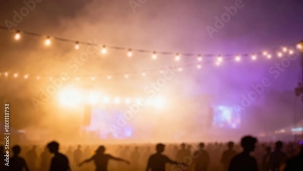 Obraz Vibrant festival scene with silhouettes and colorful lights in fog.