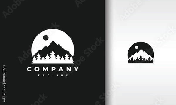 Fototapeta Minimalist Mountain and Forest Circle Logo with Sun