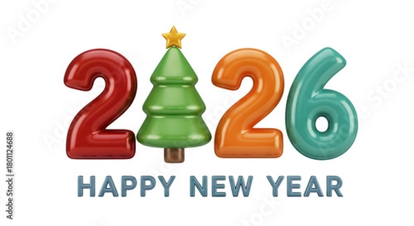 Fototapeta Happy new year 2026 with colorful numbers and a christmas tree