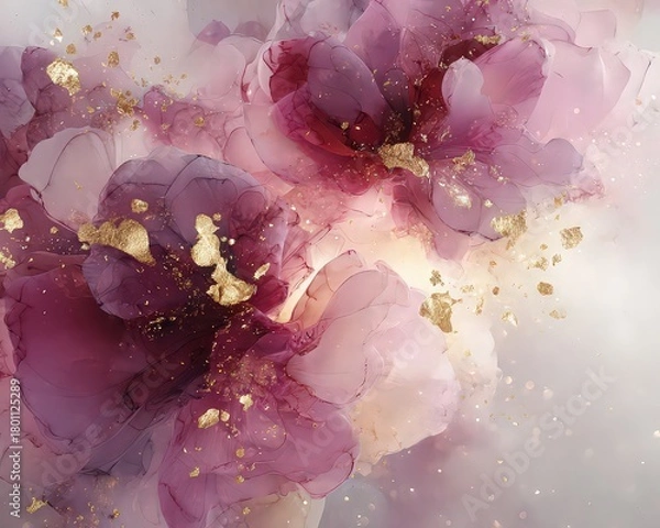 Fototapeta Abstract Fluid Art with Swirling Pink and Rose Gold Hues and Gold Foil Texture on White Background