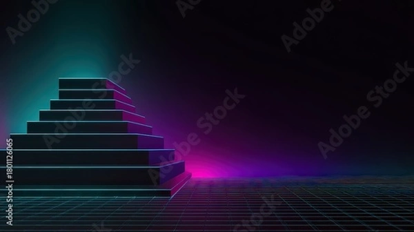 Fototapeta Abstract Geometric Pyramid with Neon Lighting in Blue and Pink Colors on a Dark Surface