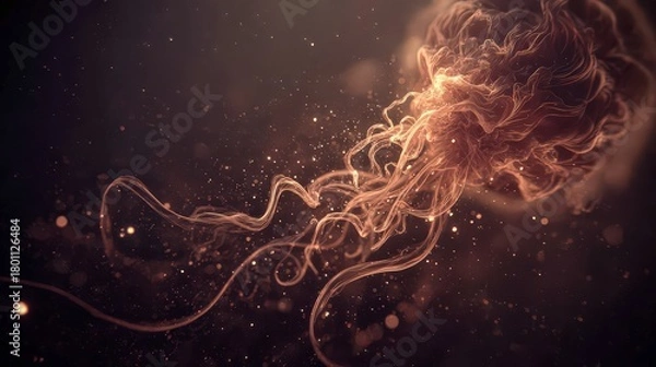 Fototapeta Abstract Glowing Jellyfish Floating In Dark Space With Light Particles