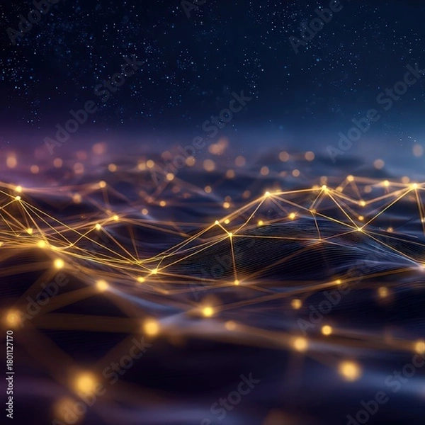 Fototapeta Abstract Golden Nodes Network Against Starry Night Sky Background