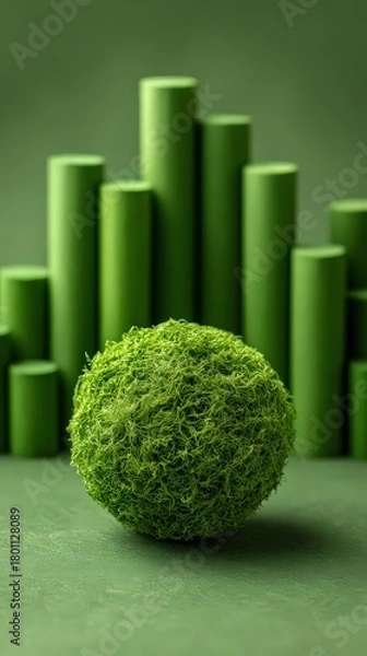 Fototapeta Abstract Green Composition Featuring Spherical Mossy Ball and Cylindrical Elements in Monochromatic Green Palette with Subtle Textural Details and Uniform Lighting