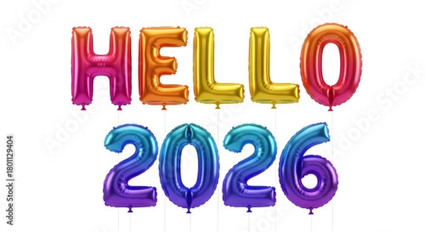 Fototapeta Colorful metallic 'hello 2026' balloons for new year greeting.