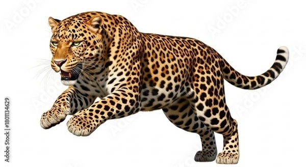 Obraz Fierce Leopard Mid-Leap on White Background, Jaguar, Big cat, Wild animal