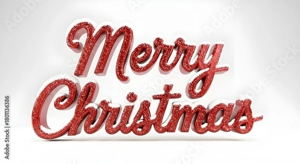 Fototapeta 3D Merry Christmas Script Text with Snow and Glitter on White Background