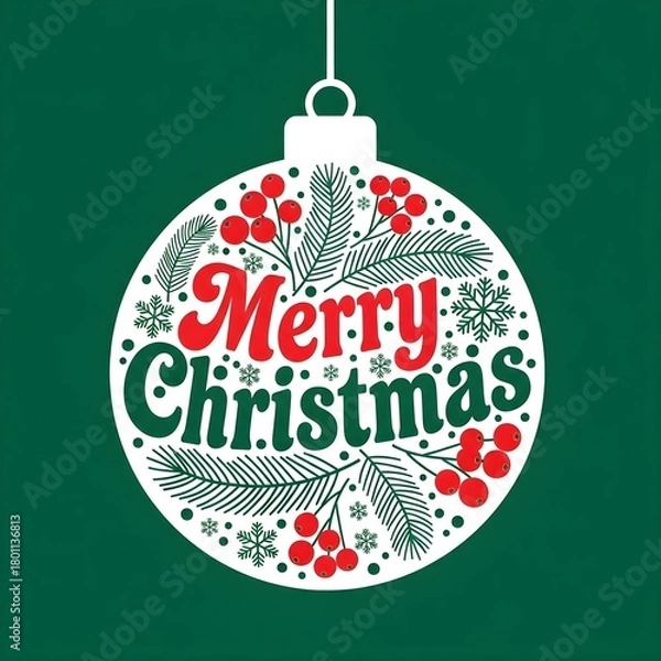 Fototapeta Detailed Christmas Greeting Bauble with Red and Green Text and Botanical Elements