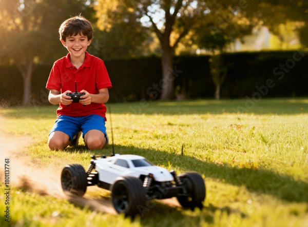 Obraz Boy is playing with a remote control car in a park. The car is white and black