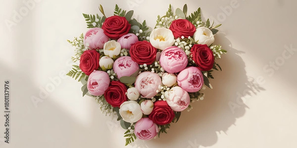 Fototapeta Romantic floral heart arrangement of roses, peonies, and baby's breath create a stunning Valentine's Day or wedding design element, perfect for cards, invitations, and love filled projects