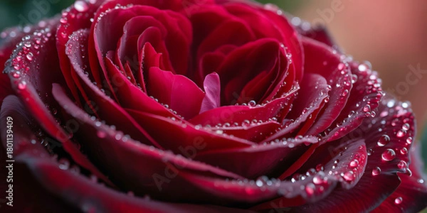 Fototapeta Stunning close-up of a velvety red rose, glistening with fresh dew drops, perfect for romantic occasions, elegant designs, and heartfelt messages of love and appreciation
