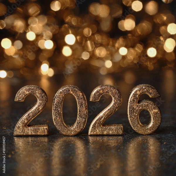 Obraz Glittering 2026 numbers sparkle against a warm golden bokeh, creating a dreamy holiday mood. Perfect for New Year cards, festive ads, luxury celebration posts, and glowing seasonal designs.
