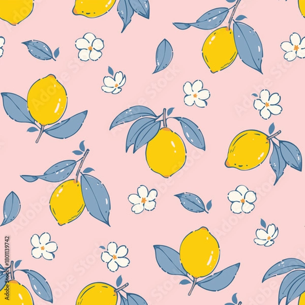 Fototapeta lemon flower pattern, fruit seamless. Small little flower on pink background. wallpaper pattern. cottage core style, Hand drawn design for fashion, fabric, packaging, stationary, textile, print