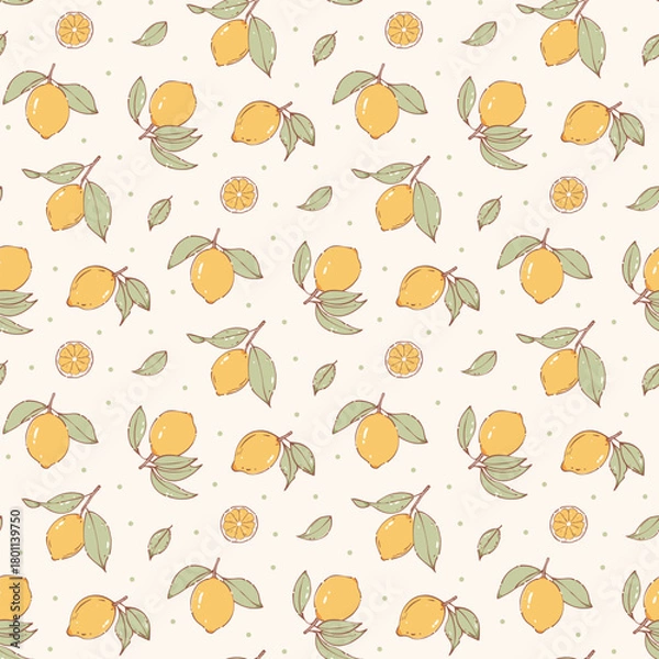 Fototapeta lemon pattern, fruit seamless. Small little lemon on light  background. wallpaper pattern. cottage core style, design for fashion, fabric, packaging, stationary, textile