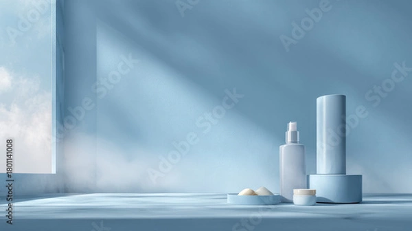 Fototapeta "Spacious background with soft blue lighting and subtle shadows, featuring a blurry spotlight—perfect for winter presentations, branding, cosmetics, and food products."