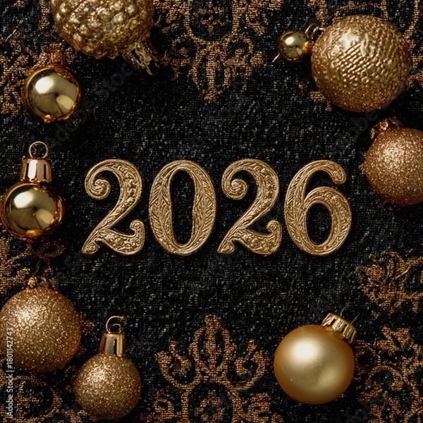Obraz Gold 2026 numbers stand out against a dark elegant background with sparkling ornaments. Rich textures and warm reflections create a luxurious festive Christmas and New Year atmosphere full of shine.