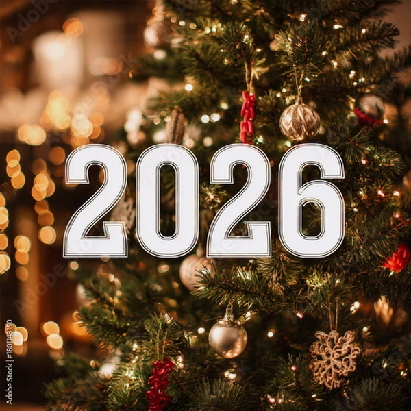 Obraz Warm Christmas tree lights glow softly behind bold white 2026 numbers, creating a festive holiday mood. Golden ornaments, cozy bokeh and evergreen branches add depth, magic and warmth to the scene.