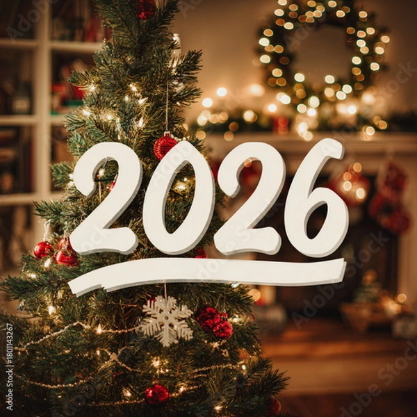 Fototapeta Warm Christmas tree lights glow softly behind bold white 2026 numbers, creating a festive holiday mood. Golden ornaments, cozy bokeh and evergreen branches add depth, magic and warmth to the scene.